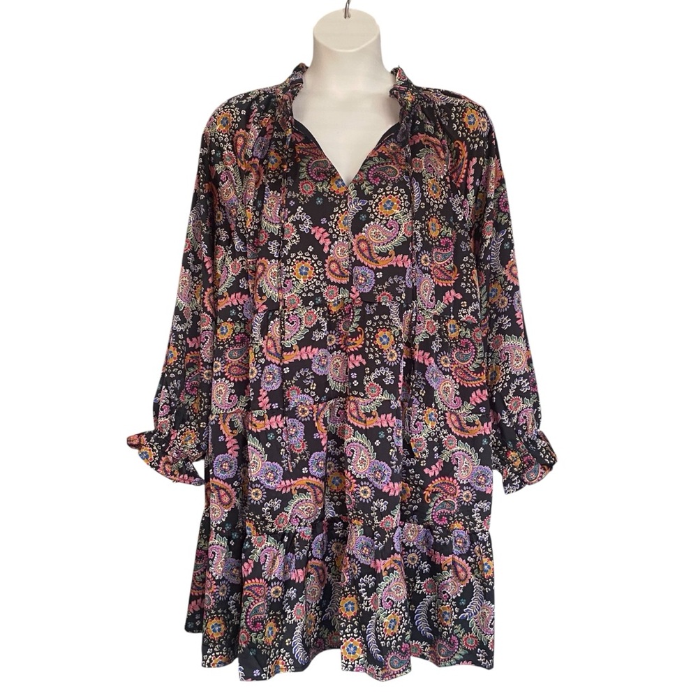 FATE Curve Black Paisley Print Tiered Long Sleeve Dress Womens Plus Size 1X NWT